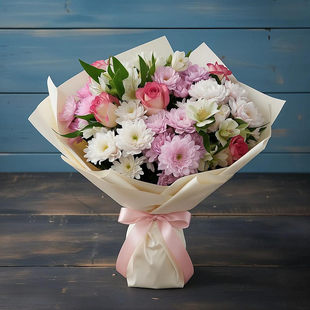 Букет цветов из: Хризантемы, Альстромерии и Розы в Алабино